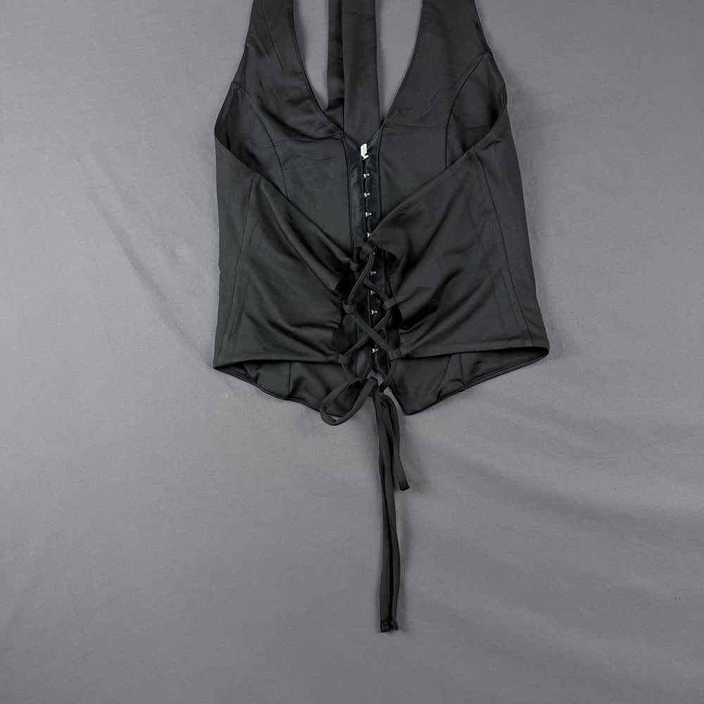 NWT UNCOOYEE Black Satin Deep V Halter Camisole Top M Lace-Up Sleeveless - Picture 6 of 8